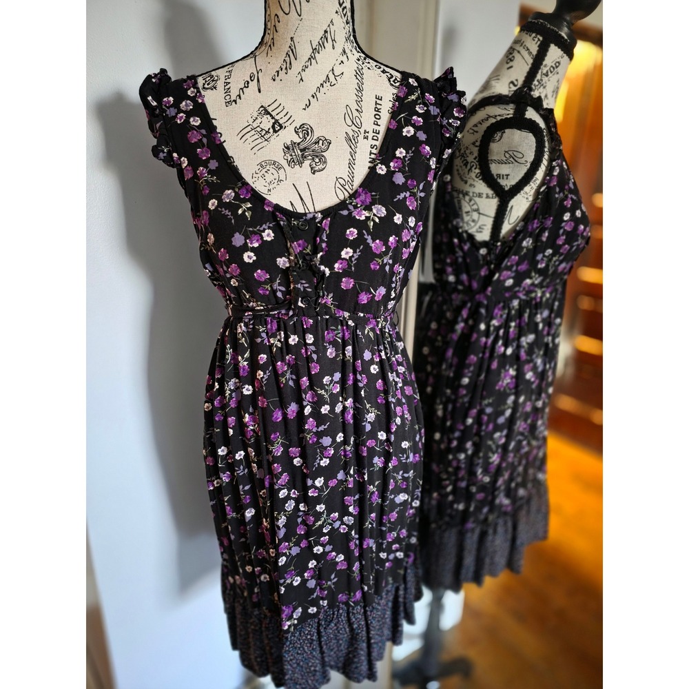 Mossimo Supply Co Womens XL Black Purple Floral Waist Tie Dress Side Zip